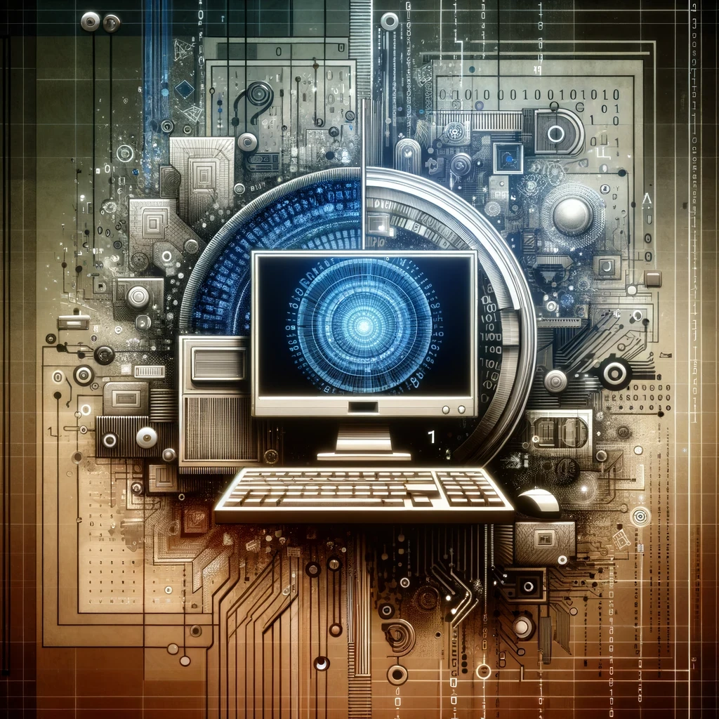 l'image représentant le terme "digital". Elle met en avant un ordinateur, symbolisant la technologie digitale qui utilise des nombres pour représenter des données, entouré d'éléments numériques comme le code binaire, les pixels et les circuits. Cette représentation illustre le contraste entre la nature abstraite du terme "digital" et les aspects concrets de la technologie digitale.
