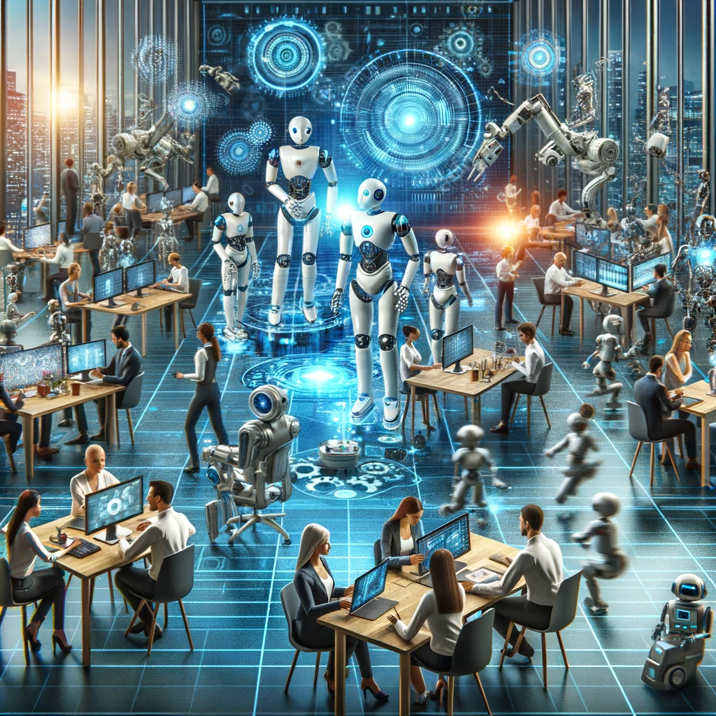 Espace de travail innovant où humains et robots collaborent, soulignant l'impact positif de l'IA.