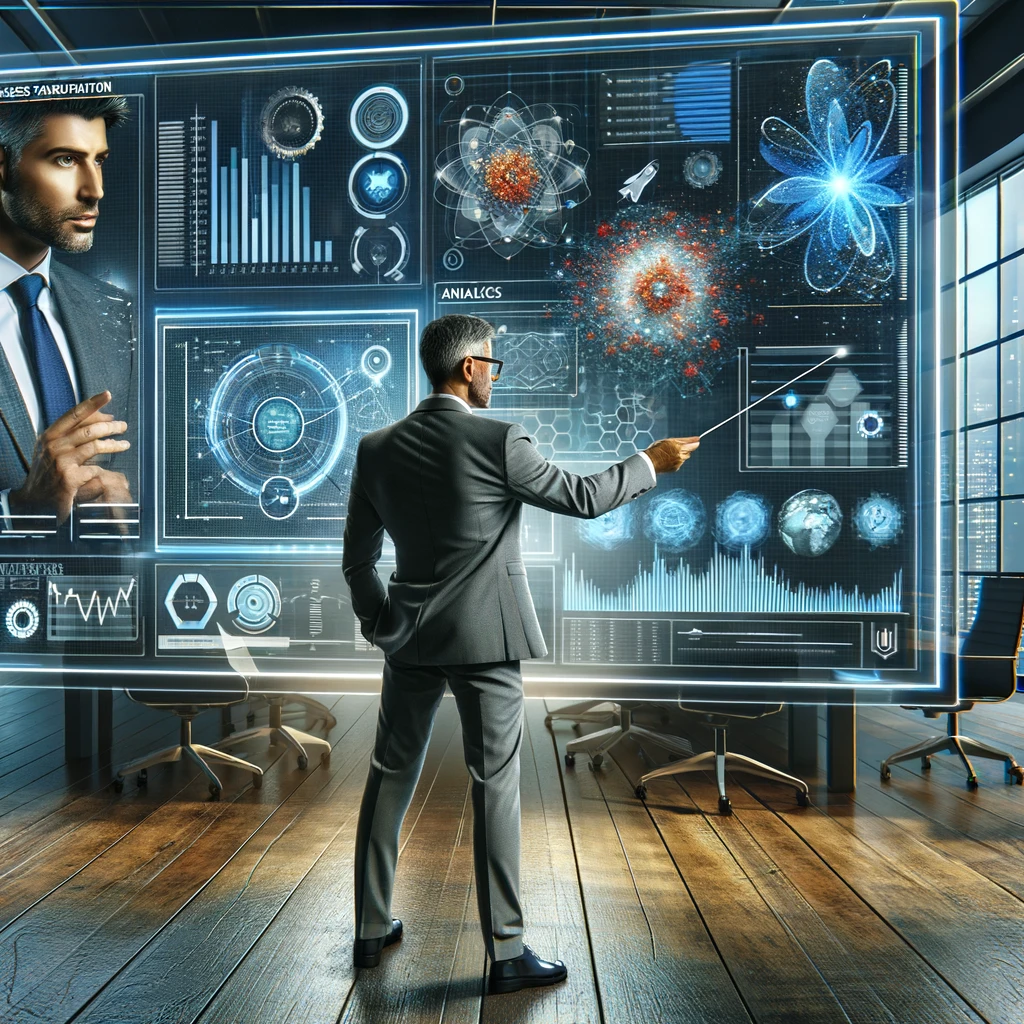 Entrepreneur visionnaire dans un espace de bureau moderne, interagissant avec un logiciel avancé qui représente la nature innovante et transformatrice de Datamensio
