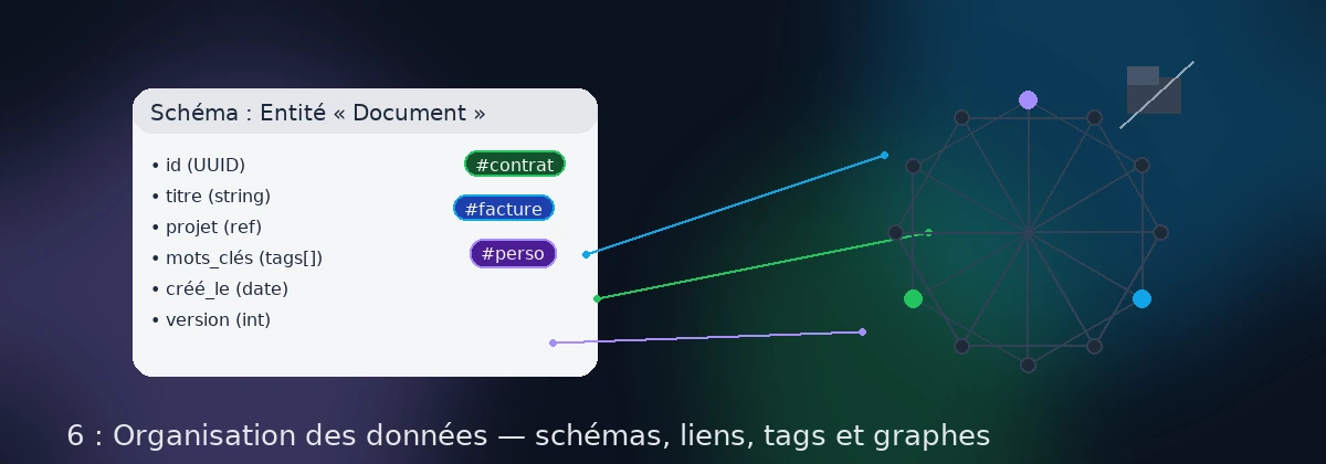Organisation des données : schéma d’entité (Document) relié à des tags et à un graphe — transition des dossiers vers modèles simples et liens.