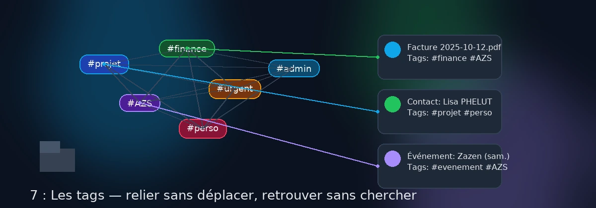 Nuage de tags (#projet, #finance, #urgent, #AZS, #perso, #admin) relié à une facture, un contact et un événement — retrouver sans déplacer.