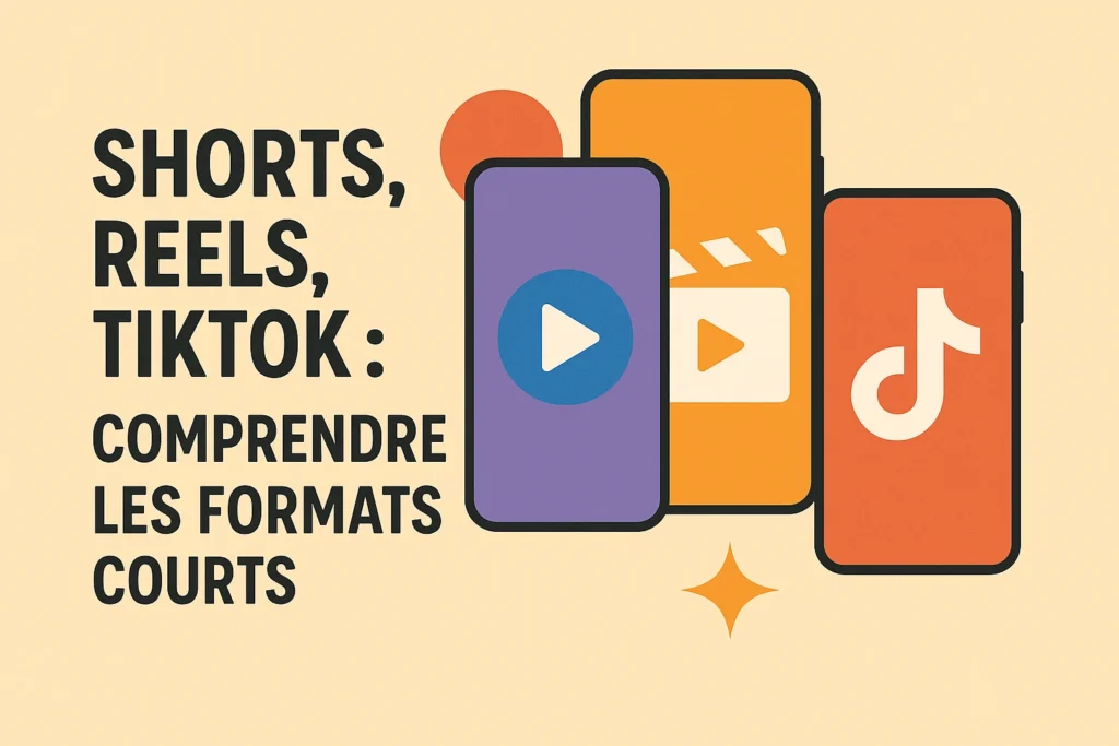 Illustration présentant trois smartphones symbolisant Shorts, Reels et TikTok, accompagnés du titre “Comprendre les formats courts”