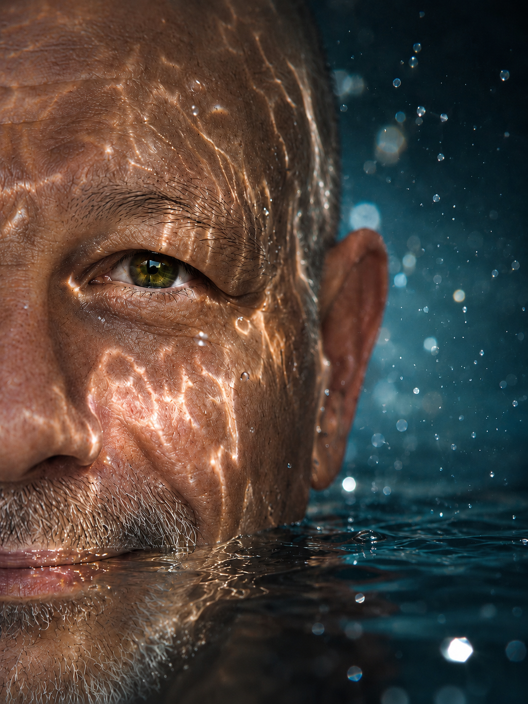 Portrait aquatique d’Éric Bourgeois en 2026, visage en gros plan partiellement immergé dans l’eau, avec reflets lumineux et atmosphère sensible et créative.