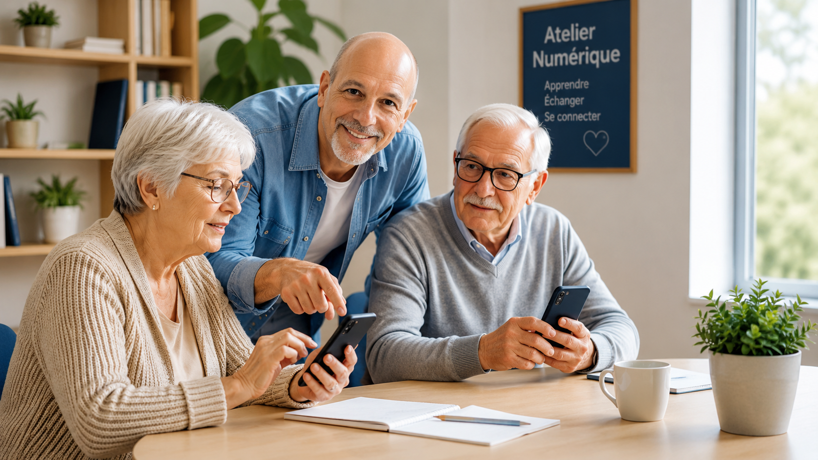 Atelier numérique pour seniors avec smartphone, accompagné pas à pas dans une ambiance calme et bienveillante.