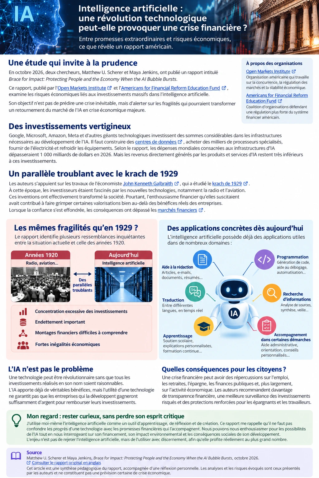 Infographie sur les risques d'une bulle financière liée à l'intelligence artificielle, avec un parallèle entre les fragilités économiques de 1929 et celles d'aujourd'hui.